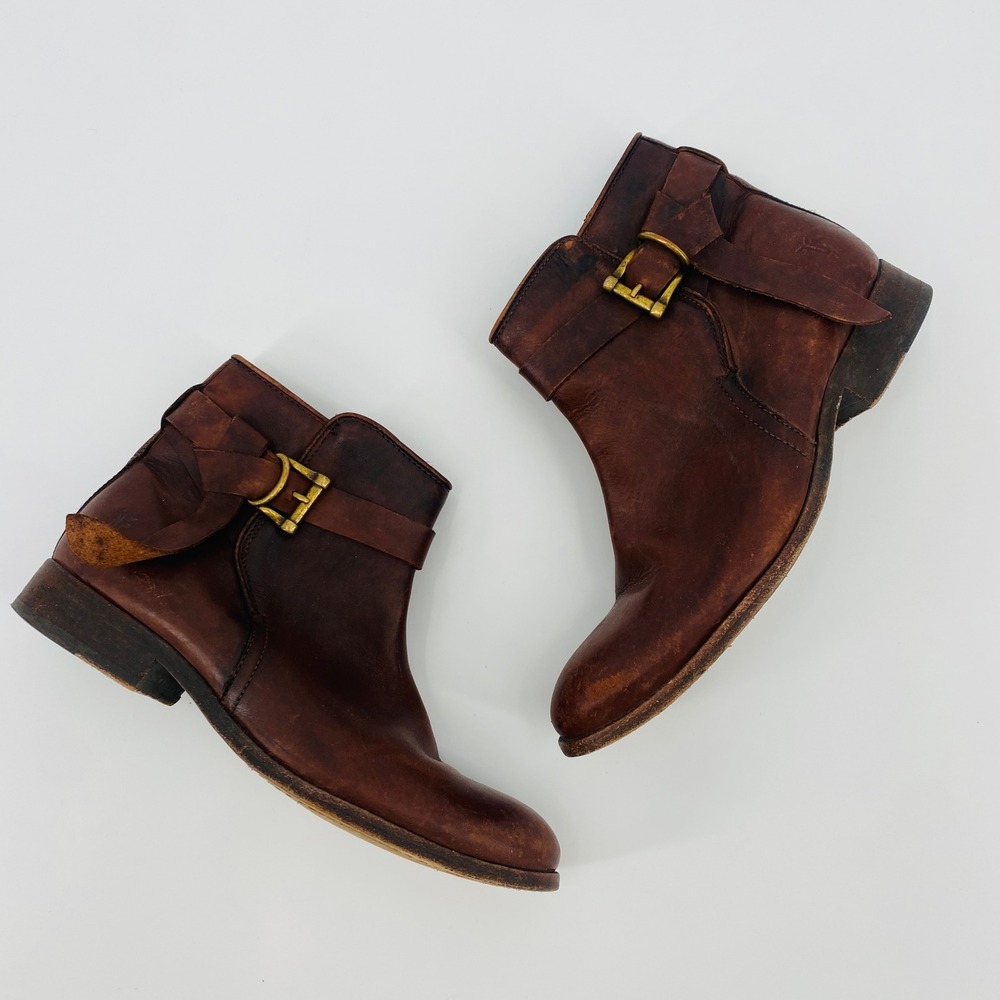 Frye Harness Ankle Boots‎ Women 8.5 Brown Leather Buckle Zip